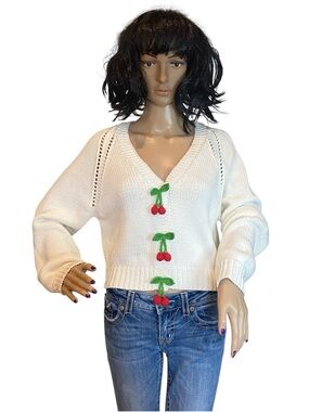 Sincerely Jules Ivory Cropped Cardigan Sweater Crocheted Cherries Sz Medium EUC